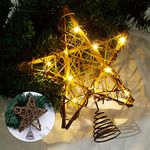 LAWOHO Christmas Tree Topper Star, 10-inch Rustic Brown Rattan Natural with 10 Warm White Lights Three Functions with Timer, Seasonal Decoration for Festive Christmas Indoor Ornament