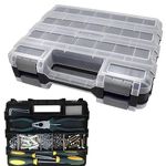 Double Side Tool Box Organizer, Hardware Storage Box, Portable Small Parts Organizer with Removable Plastic Dividers for Screws, Nuts, Nails, Bolts, Grey