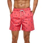 FREDRM Mens Swim Trunks Quick Dry Boardshorts with Mesh Lining Above Knee Swimwear Bathing Suits, Pink Anchor, Medium