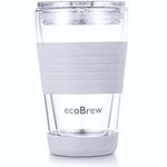 ecoBrew Glass Reusable Coffee Cups | Double Walled Insulated Cup for Hot and Cold Drinks | 12oz / 345ml Eco-Friendly Travel Coffee Mug with Secure Silicone Lid | Grey