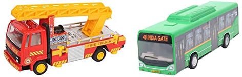 Centy Toys Fire Ladder Truck, Yellow & Plastic Pull Back Bus, 1 Pull Back Bus, Assorted Colour, Kid