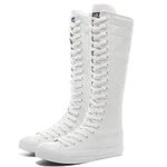 Momuk Women's Fashion Lace Up Knee High Canvas Zip Boots Girls Fancy School Shoes White