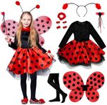 IKALI Girls Ladybug Costume, Deluxe Animal Dress World Book Day Fancy Dress Outfit with Wings (10pcs Set) 7-8 Years