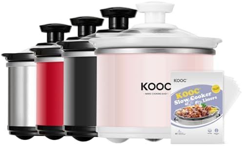 KOOC Small Slow Cooker, 0.65 Quart, Free Liners Included, Upgraded Ceramic Pot, Nutrient Loss Reduction, Sauces, Stews & Dips, Stainless Steel, Pink, Round