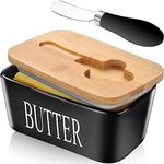 Ceramic Butter Dish with Lid and Knife Porcelain Butter Container with Butter Cutter Butter Knife Easy Spread Kitchen Accessories Tableware (Black)