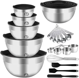 WEPSEN Mixing Bowls Set, 27PCS Stainless Steel Mixing Bowl with Lid Set, Large Nesting Bowls 7, 4.5, 3, 2.5, 2, 1.5QT, Measuring Cups and Spoons Baking Utensils Metal Bowl for Kitchen Prep