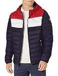 Tommy Hilfiger Men's Water Resistant Ultra Loft Filled Hooded Puffer Jacket, Midnight/Ice/Red Flag Colorblock, X-Large