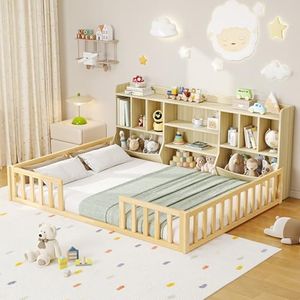 iPormis Full Size Floor Bed with Bookcase and Storage Shelves, Montessori Bed Frame for Kids with High Safety Rails, Wooden Floor Bed for Girls and Boys, No Box Spring Needed, Without Slats, Natural