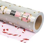 WRAPAHOLIC Reversible Christmas Wrapping Paper - Mini Roll - 17 Inch X 33 Feet - Nutcracker and Candy Cane Printed on Pearlized Paper for Chrsitmas, Holiday, Party Celebration