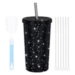 LARCISO 16.9 Oz Glitter Diamond Studded Tumbler, Bling Stainless Steel Vacuum Thermal Straw Tumbler with Lid, Rhinestone Tumbler Cups with Cup Brush and Straw Brushes, Coffee Mug for Women Girl Black