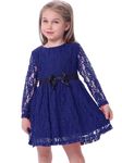 BONNY BILLY Girls Long Sleeve Lace Flower Wedding Evening Christmas Party Dress with Bow Sash 7-8 Years Blue