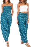 likemary Jumpsuit for Women - Pull down into Cotton Harem Pants - 2-in-1 outfit - One Size Genie Jumpsuits & Harem Trousers with Pockets ideal for Holidays - Turquoise Gold