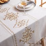 TEWENE Tablecloth, Rectangle Tablecloth Embroidery Table Cloth Linen Tablecloth Wrinkle Free Spring Tablecloth for Kitchen Dinning Outdoor (Rectangle/Oblong, 55''x120'',10-12 Seats, Golden Flower)