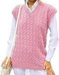 Women's Ladies Cable Knit Sleeveless Vest Knitted Jumper V Neck Tank Top Chunky Sweaters Pull Over Casual Plus Size 8-22 UK (Pink, 12-14)