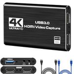 4K HDMI Video Capture Card, USB3.0 1080P 60FPS Video Recorder, Nintendo Switch Capture Card for Streaming Gaming and Broadcasting, Works with Xbox Series X/S, Xbox One X/S, PS4, OBS, Camera, (Black)