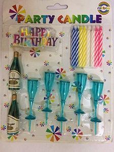 Priya Party Decoration Champagne Bottle & Glass with Colorful Stripe Candle Pack of 15 - Multi Colour