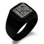 Black IP Plated Stainless Steel Letter K Alphabet Initial Floral Box Monogram Engraved Square Flat Top Biker Style Polished Ring, Size 9