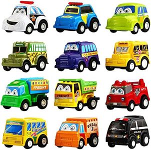 Funcorn Toys Pull Back Car, 12 Pack Assorted Mini Plastic Vehicle Set, Pull Back Truck and Car Toys for Boys Kids Toddler Party Favors,Die Cast Car Toy Play Set