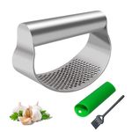 1 PCS Garlic Press Stainless Steel Garlic Crusher Presser Kitchen Garlic Rocker Food Grade Ginger Mincer Twister Squeezer Smasher with 1 PCS Silicone Garlic Peeler Tube Roller 1 PCS Cleaning Brush