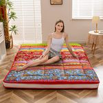 MAXYOYO Bohemian Retro Floor Mattress Vintage Floral Japanese Futon Mattress Roll Up Thicken Sleeping Bed Portable Camping Mattress Floor Lounger Couch Bed Mattress Pad (Thick-Bohemian C, Single)