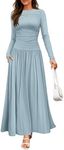 ZESICA Women's Long Sleeve Maxi Dress 2024 Fall Crewneck Knit Casual Slim Swing Pleated Dresses with Pockets,Sky,X-Large