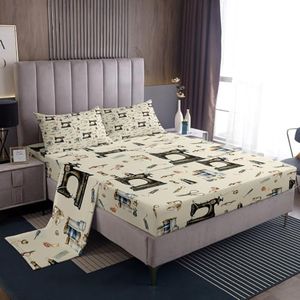 Sewing Theme Bed Sheets Queen Size,Sewing Machine Pattern Bedding Set for Girls Teens Women Adult Room Decor,Clothes Sewing Fitted Sheet Vintage Rustic Light Brown Top Flat Sheet,2 Pillowcases