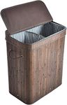 AUMA Divided Bamboo Laundry Hamper, 100L Two-section Foldable Storage Basket, Dirty Clothes Storage Sorter with Lid, Handles, Removable Liner, Rectangular, Easily Assemble- Dark Brown