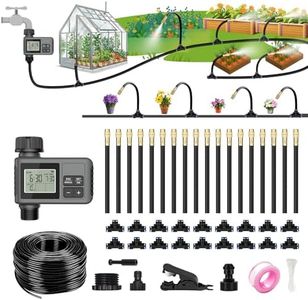 HEKIWAY 60FT Drip Irrigation System with Water Timer – Automatic Garden Watering Kit with 360° Bendable Hose & Adjustable Nozzles, Smart Irrigation System for Greenhouse, Lawn, Yard & Plants