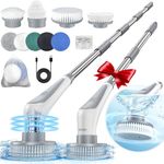 PRASKY Electric Spin Scrubber, Cordless Shower Scrubber, Long Handle Power Cleaning Scrub Brush, Dual Speed Extendable Cleaner Tool Set with 9 Replacement Head for Bathroom, Tub, Tile, Grout, Floor