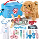 Doctors Set for Kids Wooden Vet Kit with Electronic Pet Toy Dog Doctor Costume Medical Bags Interactive Plush Puppy Dog Walking Barking Pretend Role Play Toys Gifts for Boys Toddler 3 4 5 6 Year Old