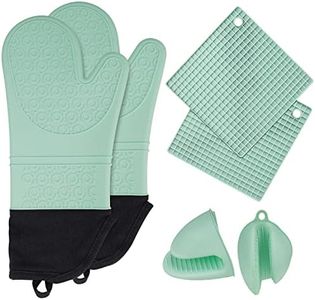 6in1 Heat Resistant Silicone Oven Mitts + Pinch Grip Pot Holder +Trivet Kit, Non-Slip Textured Kitchen Gloves w/Soft Inner Lining & XL Hand-Safe Sleeve for Baking Cooking Grilling Barbecue - Green