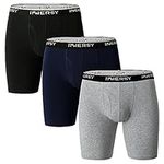 INNERSY Mens Long Leg Boxers Shorts Anti Chafing Underwear Trunks Cotton Underpants Fly Multipack 3 (M, Black/Navy Blue/Heather Grey)