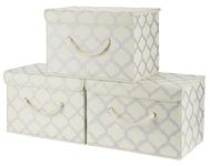 Cream/Metallic Fabric Storage Boxes with lids, Stackable and Foldable. For wardrobes, shelves, clothes, bedroom, office, cupboard, keepsake box, crafts, toys, shoes, socks. Rope Handle 3pk 37x25x25cm