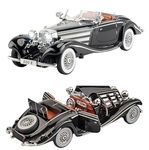 Magicwand® Die-Cast Zinc Alloy 1:24 Scale 1936 Merrc-Bennz Classic Large with 4 Openable Doors,Lights & Music & Working Steering【Black】【Pack of 1】