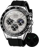 OLEVS Watches for Men Analog Quartz Chronograph Watch Moon Phase Waterproof Black Silicone Diamond Dress Luminous Easy Reader Wrist Watches Silver Gray Face