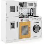 GYMAX Kids Play Kitchen, Wooden Toy Kitchen with Microwave, Water Dispenser, Washing Machine, Oven, Stove, Sounds, Lights, Telephone and Cookware Accessories, Children Kitchen for 3+ Years Old