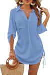 Blooming Jelly Womens Bathing Suit Cover Ups Bikini Swimsuit Coverup Drawstring Beach Dress Shirt(2X-L, Water Blue)