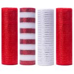 4 Rolls Deco Mesh Rolls, 10 Inch x 10 Yards Deco Mesh Rolls for Wreath Making, Deco Mesh Rolls Decomesh, Metallic Foil Poly Mesh for DIY Crafts, Fall Decor, Swag, Garland (Red/White)