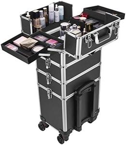 VIVOHOME 4 in 1 Makeup Rolling Train Case Aluminum Trolley Professional Cosmetic Organizer Box with Shoulder Straps 2 Keys Black(Cosmetic are not included)