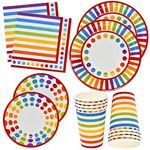 Rainbow Party Supplies Tableware Set 30 9" Paper Plates 30 7" Plate 30 9 Oz. Cups 60 Lunch Napkins for Colorful Birthday Parties Decorations Bright Multi Colored Stripe and Polka Dots Dinnerware Kit