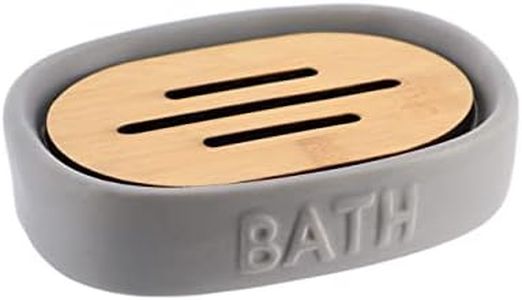 Bath D Soap Dish Cup Dispenser Grey and Bamboo Tray
