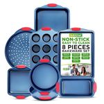 NutriChef, Bakeware Set, Baking Pans, Cookie Sheets, Includes: Cookie Sheet, Roasting Pan, Loaf Pan, Pizza Pan, Muffin Pan, Square Pan, Cake Pan(2), Nonstick, Kitchen Oven Trays, Blue, 8 pc