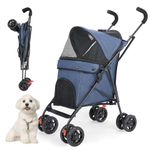 Wedyvko Dog Stroller for Small Dogs 10 20 lbs, Foldable Pet Pram Stroller Lightweight 9 lbs, with Double 4-Wheel Shoulder Strap/Storage Basket/Cup Holder, Navy Blue