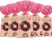 Donuts Cellophane Bags, 100pcs Sweet Doughnut Clear Treat Bags, Pink Plastic Candy Cello Bag Sweets Bag with 100 Gold Twist Ties for Goodie Cookies Nut Snack Wrap, Donuts Birthday Party Favor Supplies