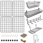 4 Pack Wire Wall Grid Panel With Accessories | Includes Hanging Baskets, Letter Sorter, Shelf & Hook Rack | Complete Set | Wire Notice Board | Hanging Home, Office & Kitchen Décor | Photo Board