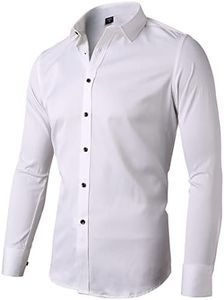 FLY HAWK Mens Fiber Casual Button Up Slim Fit Collared Formal Shirts, White, 16.5" Neck 35" Sleeve