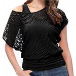 Women's Casual Sexy 80s Outfit Costume Fishnet Off Shoulder T-Shirt, 90s Outfit Short Sleeve Neon Tops