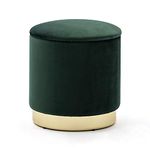 HNNHOME 37cm Round Velvet Ottoman Storage Box with Lid, Pouffe Seat Chair, Living Room Footstool, Bedroom Dressing Stool with Gold Plating Base (Dark Green)