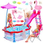 Miunana 23 Doll Swimming Pool Play Set with 19 Pool Accessories Beach Chairs Swimming Ring and 4 Sets Swimsuit Doll Clothes Mermaid Swimwear for 11.5 Inch/30cm Girl Dolls Gifts for Children(NO DOLL)