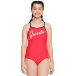 Speedo Girl's Endurance 10 High Chlorine Resistance UPF 40+ Sun Protection Heritage Logo Thinstrap Muscleback One Piece V-Cut Swimsuit - Fed Red & True Navy